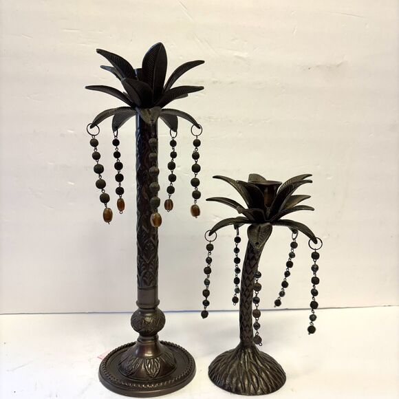 Set Of 2 Brass Palm Trees Taper Candlestick Holders With Dangling Beads - Picture 1 of 6